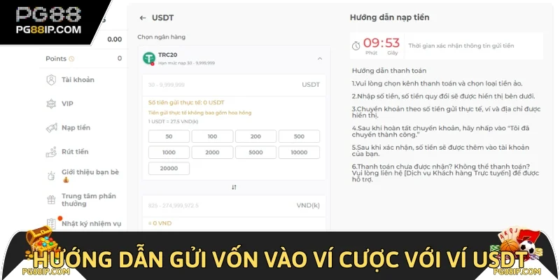 Hướng dẫn gửi vốn vào ví cược với ví USDT