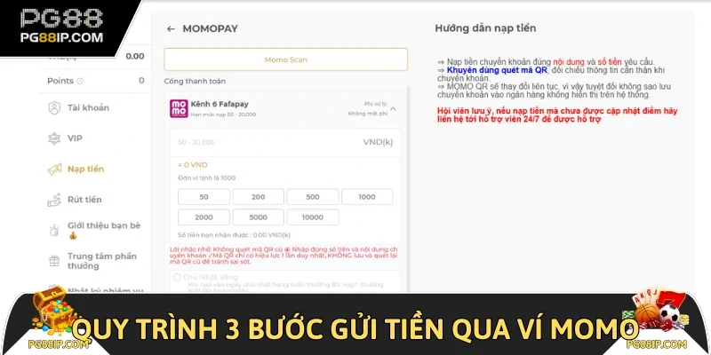 Quy trình 3 bước gửi tiền qua ví Momo