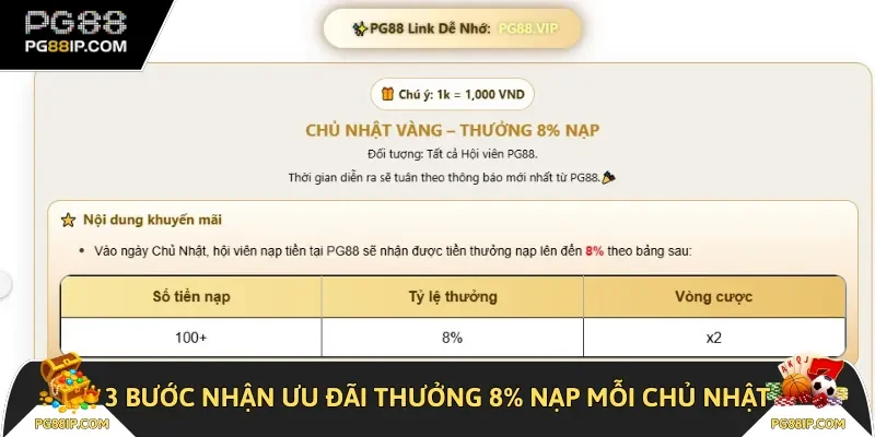 3 bước nhận ưu đãi thưởng 8% nạp mỗi chủ nhật